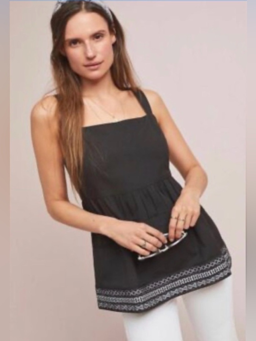 Anthro Amit Aggarwal Olivia Black Cotton Linen Embroidered Top Shirt Blouse NWT - Picture 15 of 15